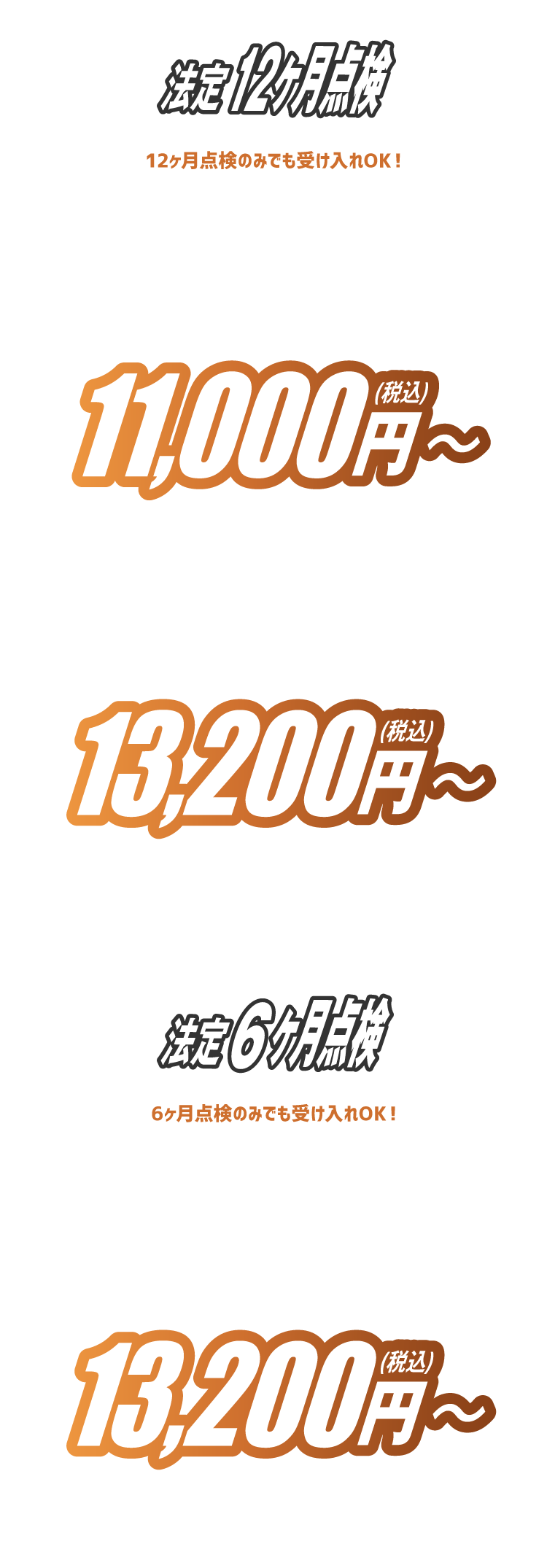 法定点検12ヶ月 軽自動車は税込11,000円から、普通自動車は13,200円から。自家用小型貨物車の法定点検6か月は税込8,800円から